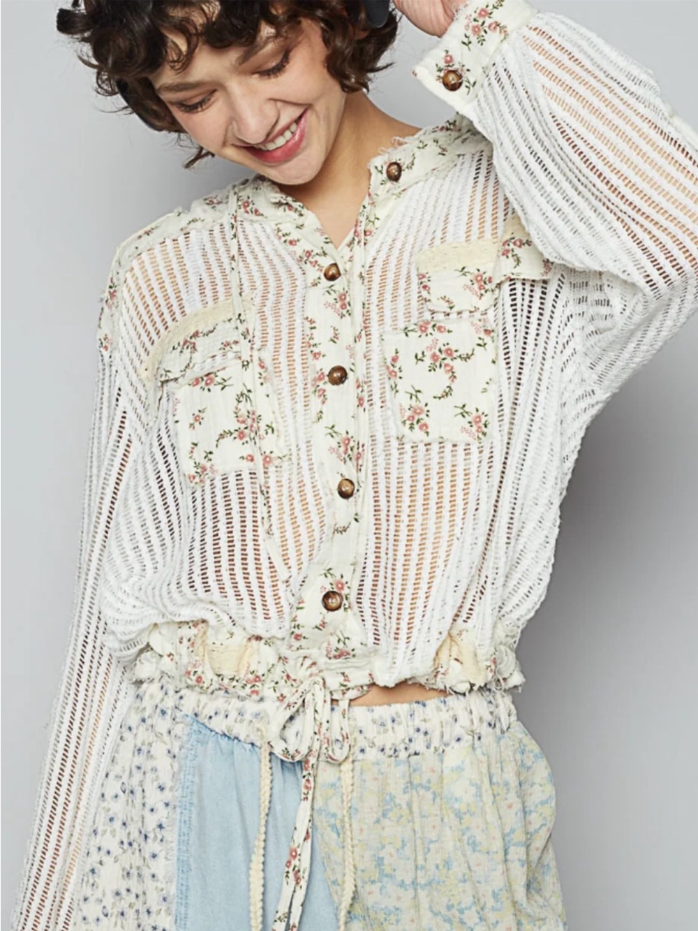 POL Floral Trim White Sheer hoody jacket  Knit Button-Up Top